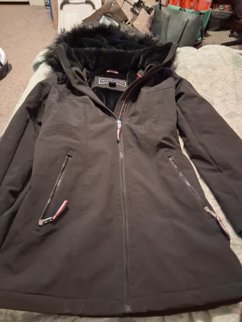 Tommy Hilfiger Black Hooded Puffer Coat with Faux-Fur Trim